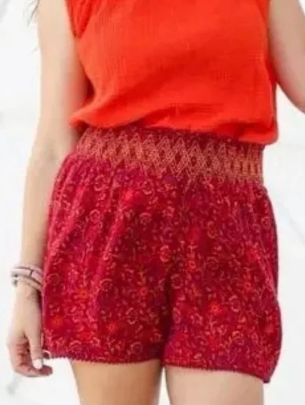 Matilda Jane Enchanted Garden Lei Smocked-Waist Burgundy Cotton Boho Shorts Sz M